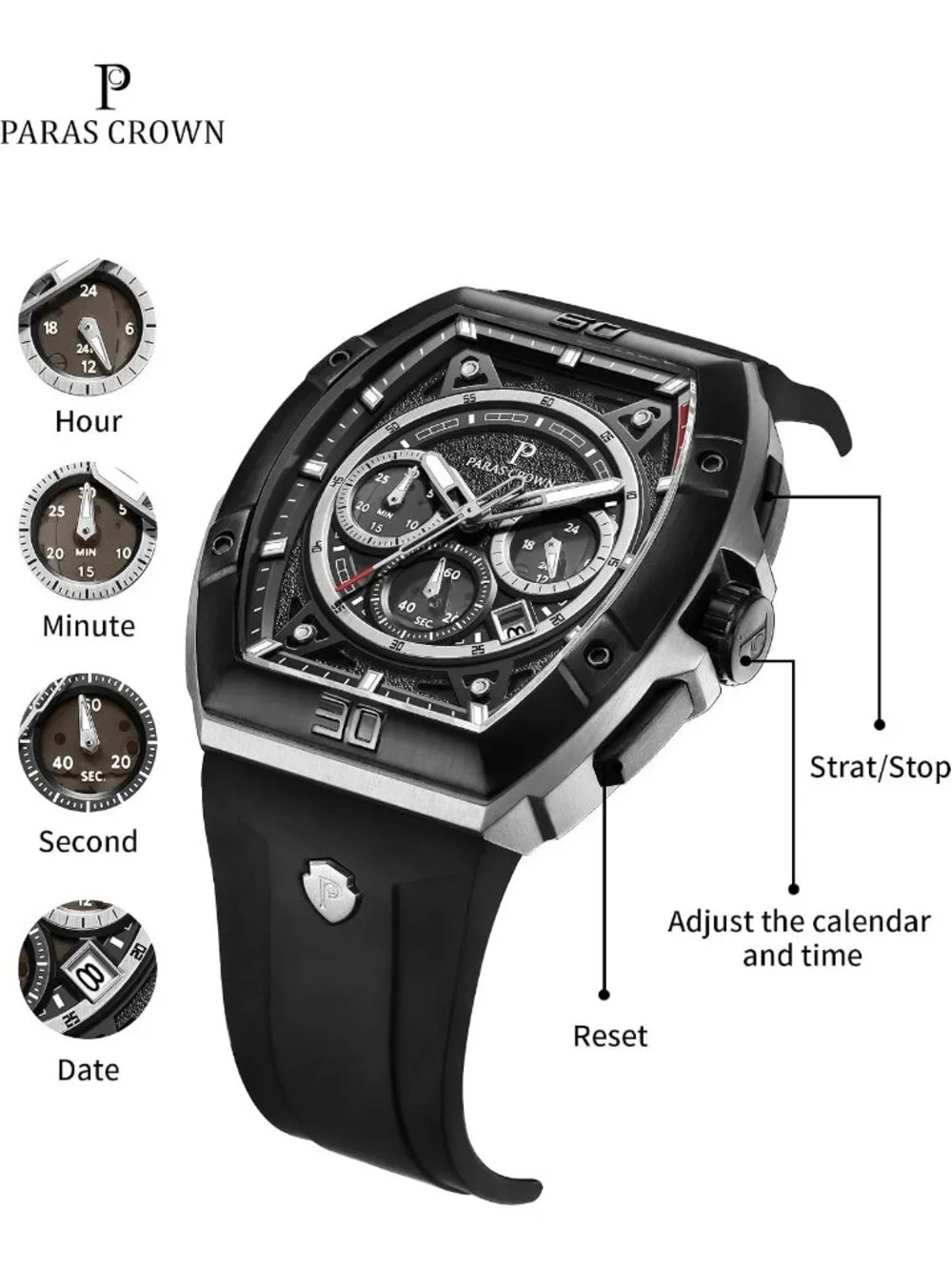 Men's Silver Black 5ATM Waterproof Quartz Luxury Chronograph Analog Wrist Watch